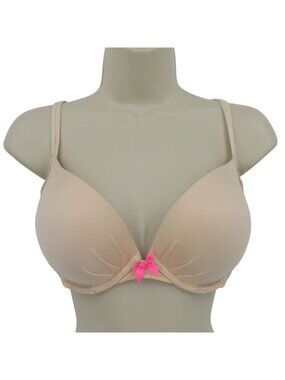 Victorias Secret 38C Fabulous Plunge Bra Cream Pink Underwire Padded Bow 2013